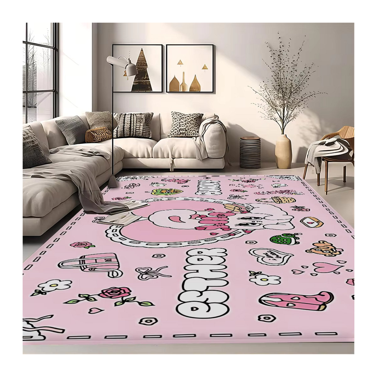 Esther Bunny Flur Teppich Rosa mit Print, weiche Matte für Schlafzimmer und Haus mit Anti-Rutsch-Funktion - Bild 2