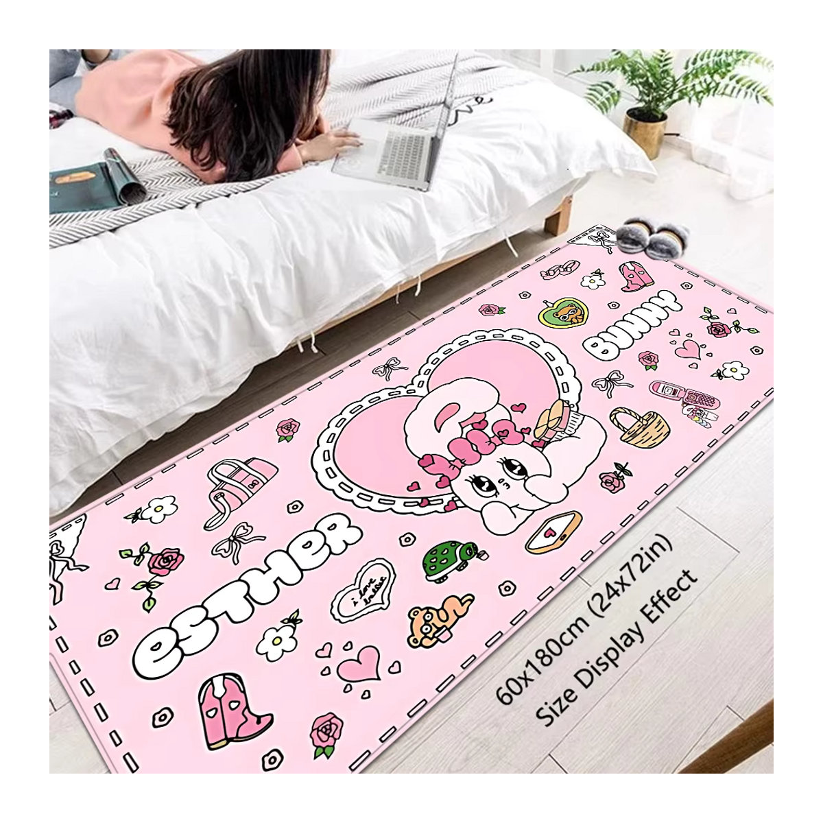 Esther Bunny Flur Teppich Rosa mit Print, weiche Matte für Schlafzimmer und Haus mit Anti-Rutsch-Funktion - Bild 3