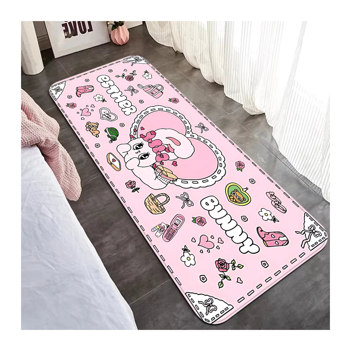 Esther Bunny Flur Teppich Rosa mit Print, weiche Matte für Schlafzimmer und Haus mit Anti-Rutsch-Funktion - Bild 4