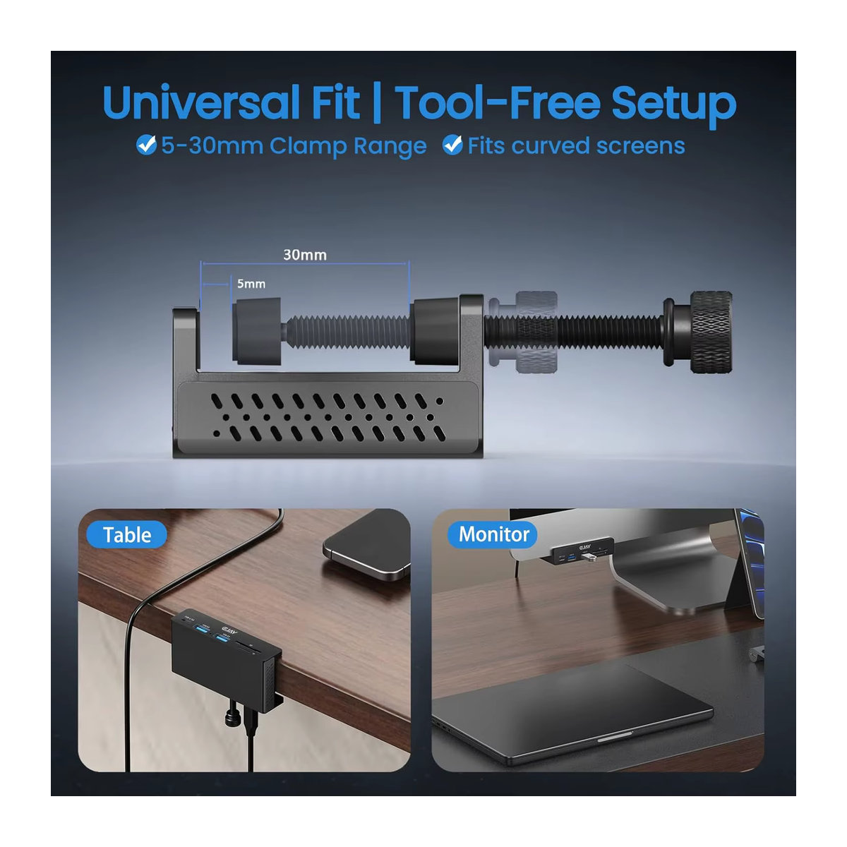 Eswirepro USB-Hub mit Tischklemme in Schwarz, 10-Gbit/s USB 3.2 Splitter mit 4K@60Hz, PD100W, SD- und TF-Kartenleser, Clip-Dock für MacBook und Samsung Dex - Bild 5
