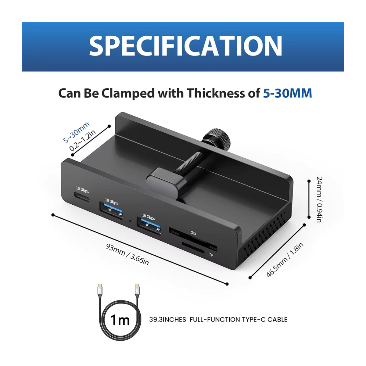 Eswirepro USB-Hub mit Tischklemme in Schwarz, 10-Gbit/s USB 3.2 Splitter mit 4K@60Hz, PD100W, SD- und TF-Kartenleser, Clip-Dock für MacBook und Samsung Dex - Bild 6