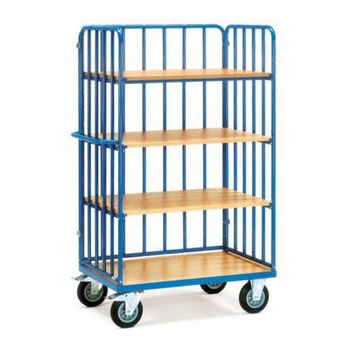 Etagenwagen aus Stahl und Holz mit 4 Holz-Böden, Traglast bis 600 kg, Blau, B/T: 1000 x 700 mm - Bild 1