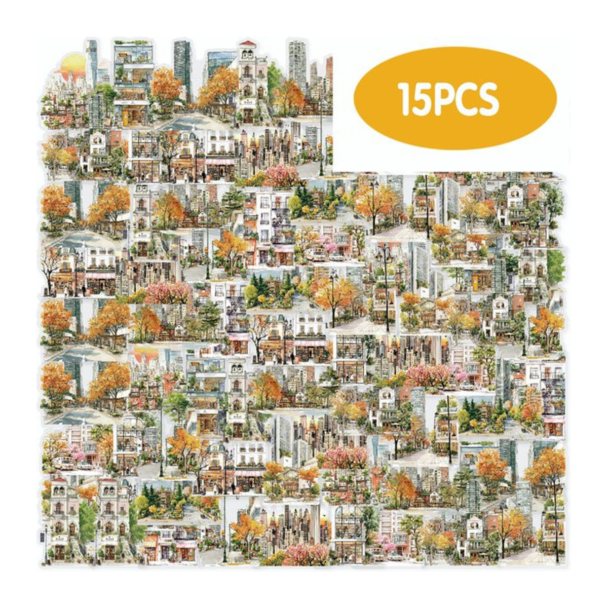 Etori Life 15 Stück Herbst-Sticker Set mit Stadtlandschaft und Hochhäusern, mehrfarbig, für Scrapbooking und Dekoration - Bild 1