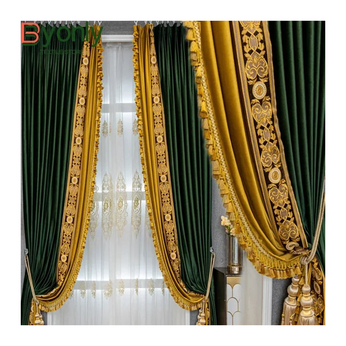 Europäische High-End Verdunkelungsvorhänge aus dunkelgrünem Samt mit Stickerei für Wohnzimmer, Esszimmer und Schlafzimmer - Bild 1