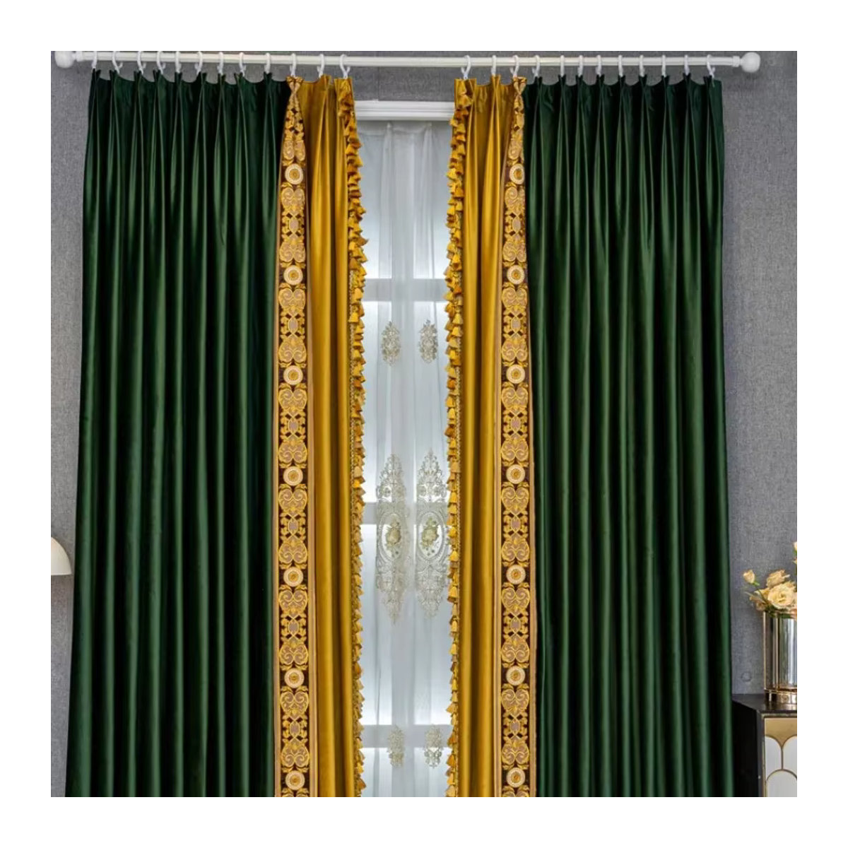 Europäische High-End Verdunkelungsvorhänge aus dunkelgrünem Samt mit Stickerei für Wohnzimmer, Esszimmer und Schlafzimmer - Bild 4