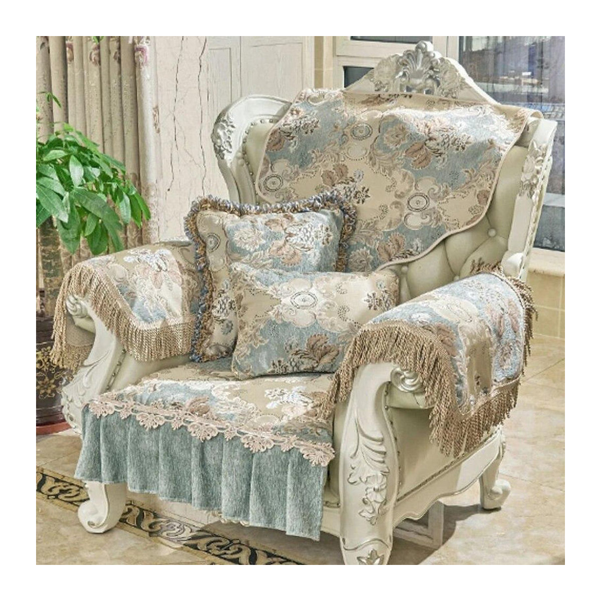 Europäischer Vintage-Jacquard-Sofabezug von A Family Of Home Textiles, rutschfester Schonbezug für dein Wohnzimmer, mehrfarbig, B: 180 cm - Bild 4