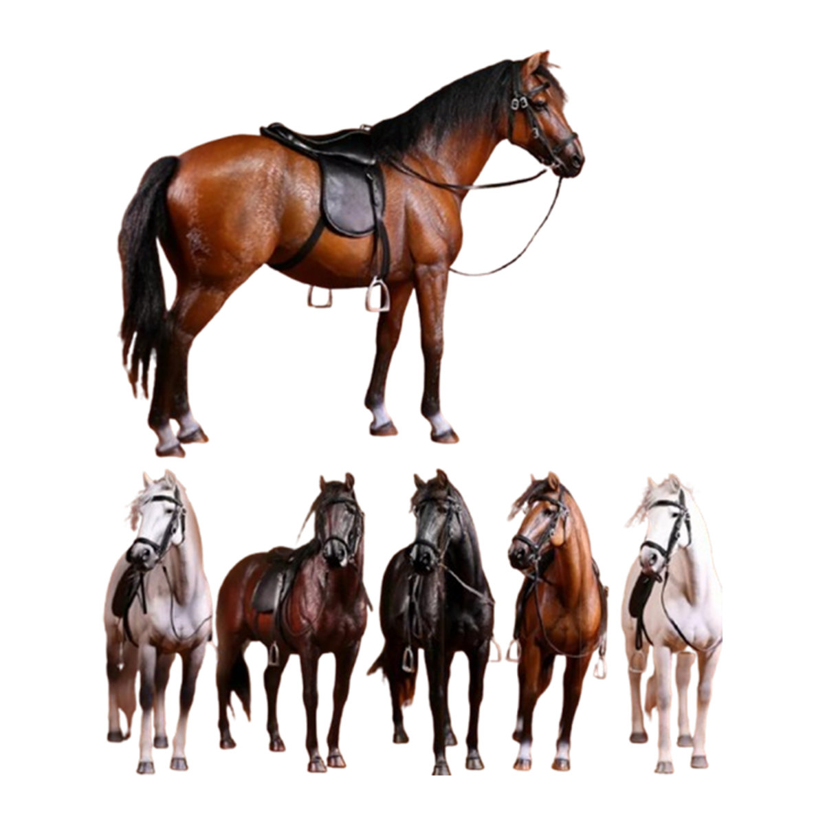 Europäisches Warmblut-Pferdemodell im Maßstab 1:6 – Mehrfarbige Reitsportfigur mit Sattel für Sammler-Dioramas - Bild 1