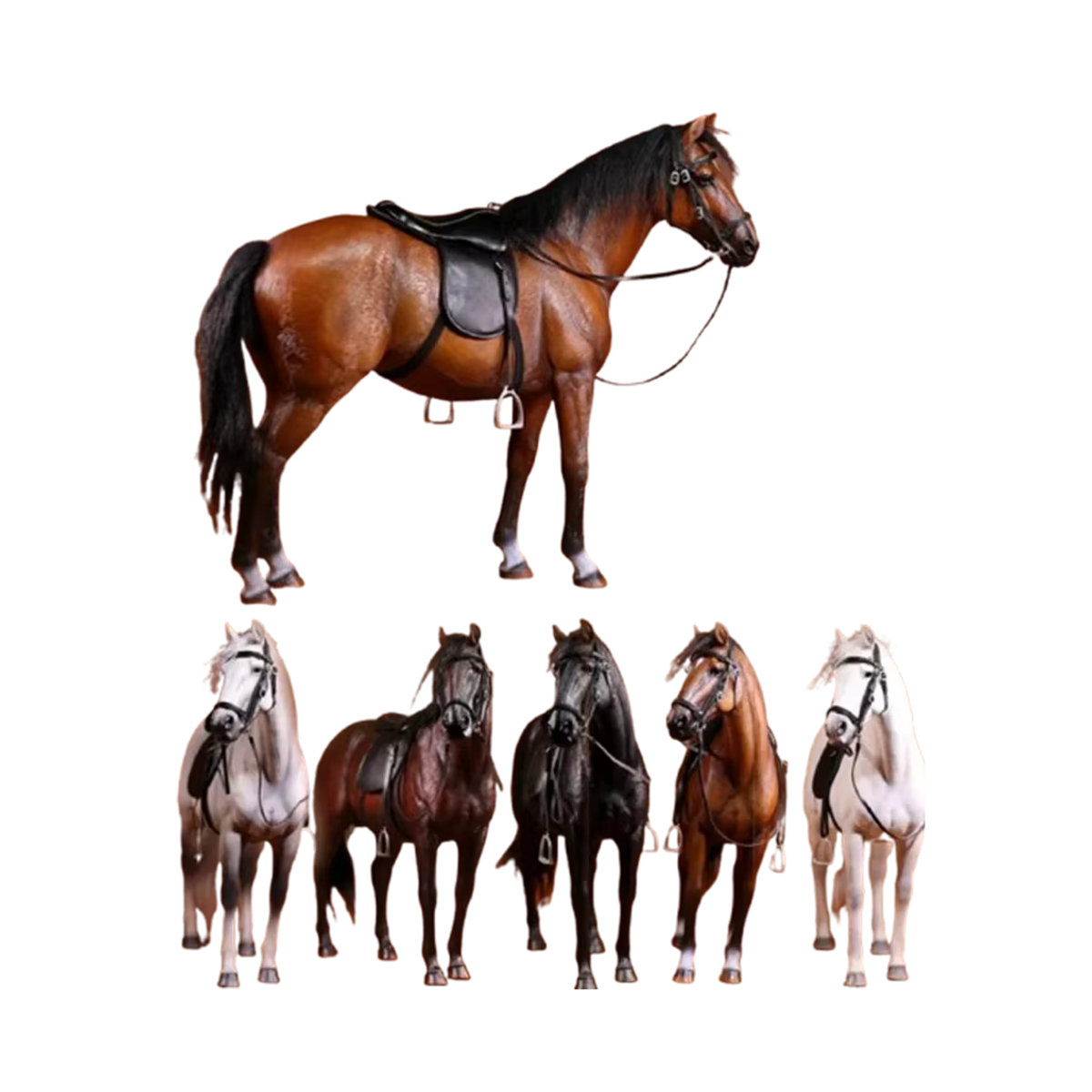 Europäisches Warmblut-Pferdemodell im Maßstab 1:6 – Mehrfarbige Reitsportfigur mit Sattel für Sammler-Dioramas - Bild 3