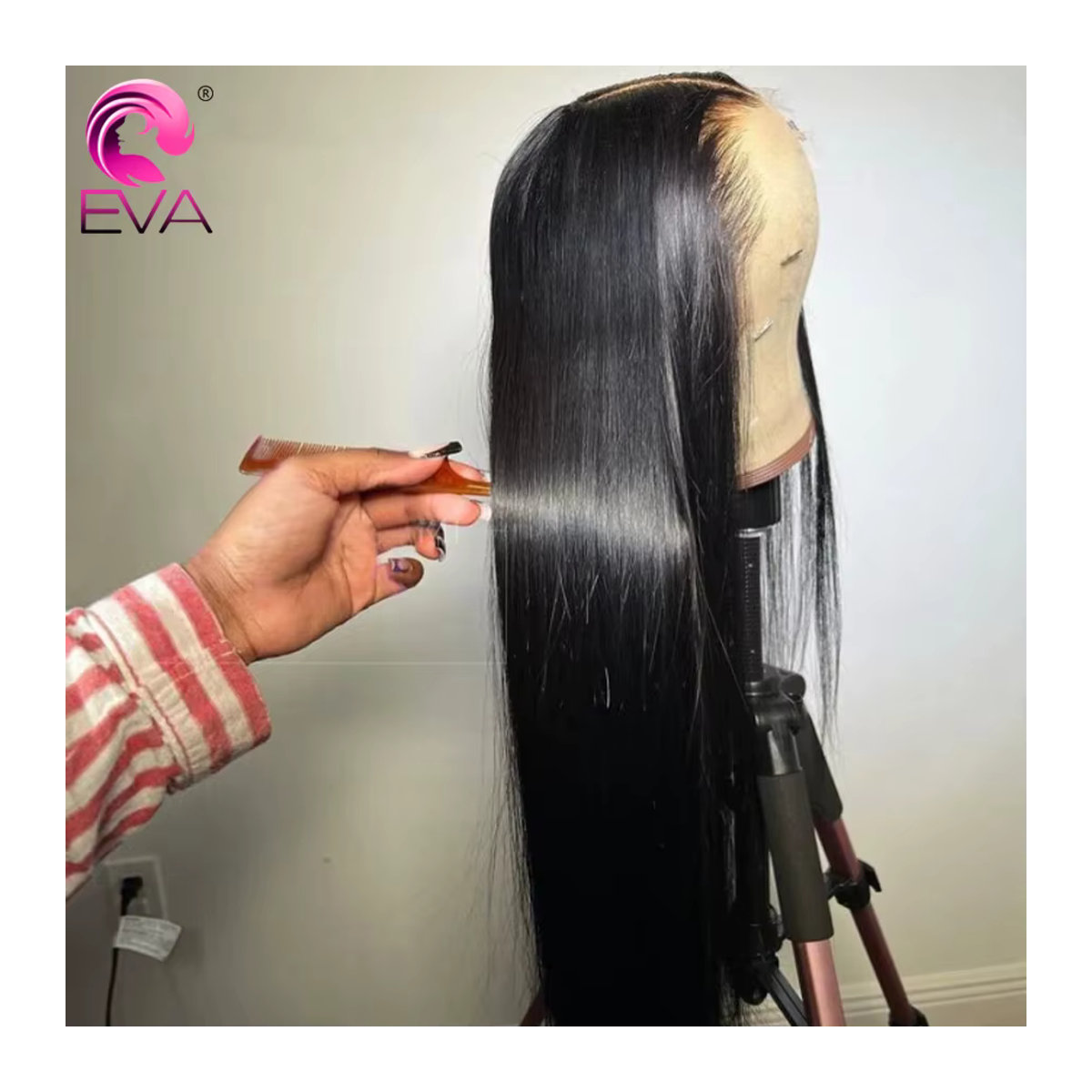 Eva Haar 100% Echthaar Perücke mit 2x6 HD Spitze und tiefer Trennung in Schwarz - Bild 4