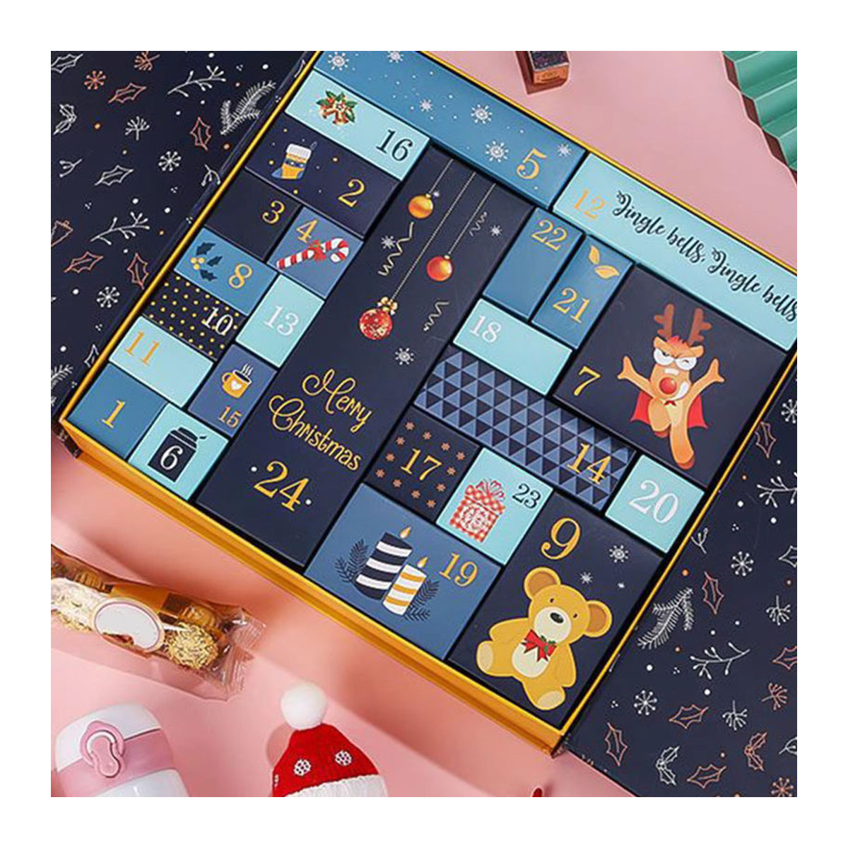 EVE Weihnachts-Adventskalender mit 24 Tagen für Kinder, handgefertigte leere Papierboxen in floralem Design, Blau und Schwarz - Bild 2