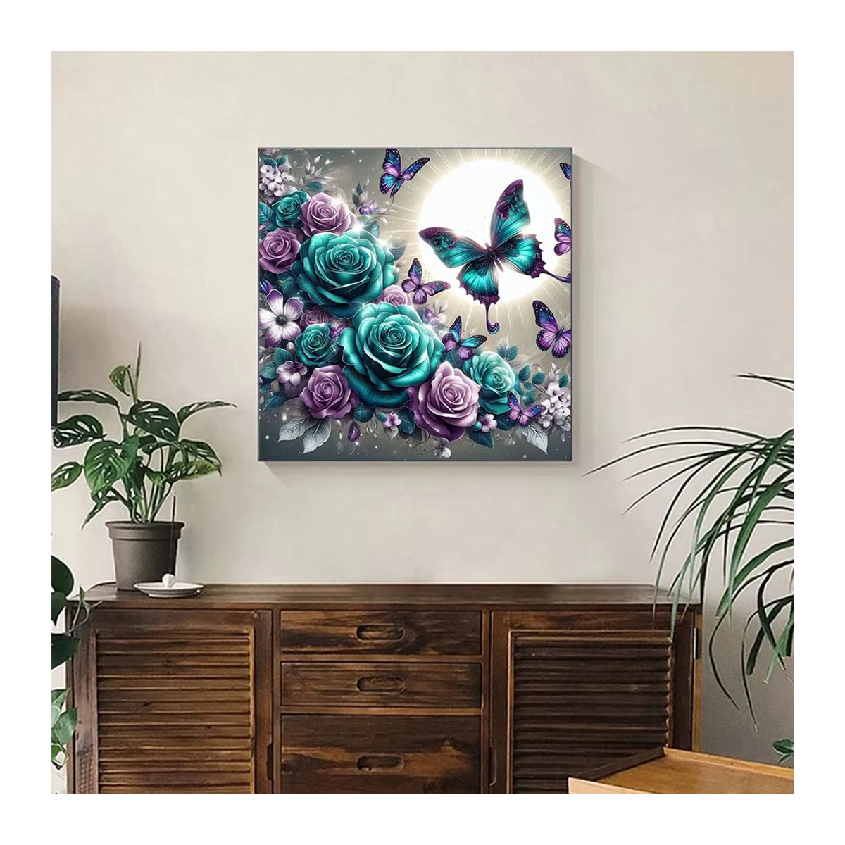 Ever shine Diamant Mosaik Wandbild mit Schmetterling und Pfingstrosen, mehrfarbig, quadratisch, 20 x 20 x 20 cm - Bild 3