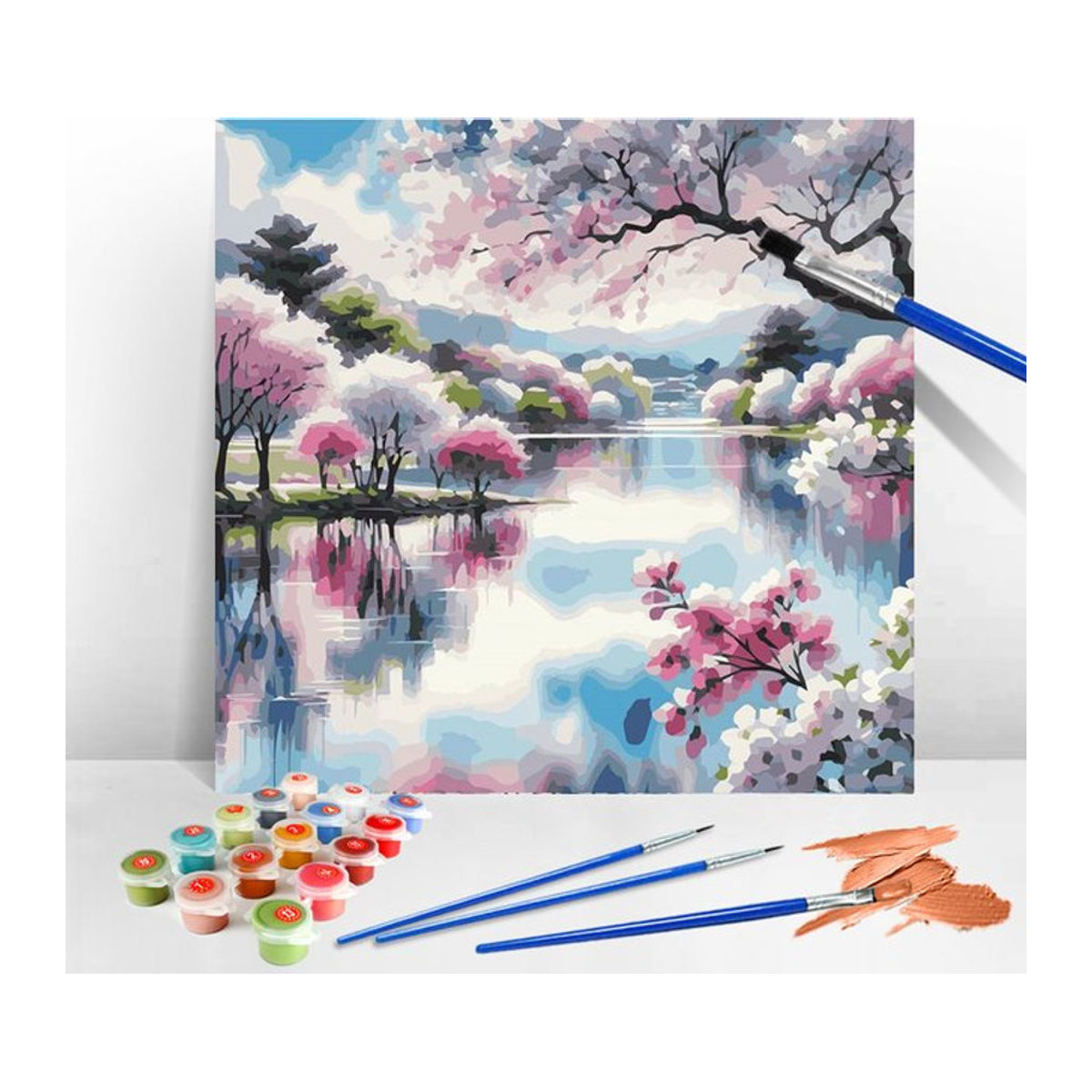 Ever shine Malset Malen nach Zahlen Landschaft mit Baum Fluss und Blumen auf Leinwand, mehrfarbig, rechteckig - Bild 1