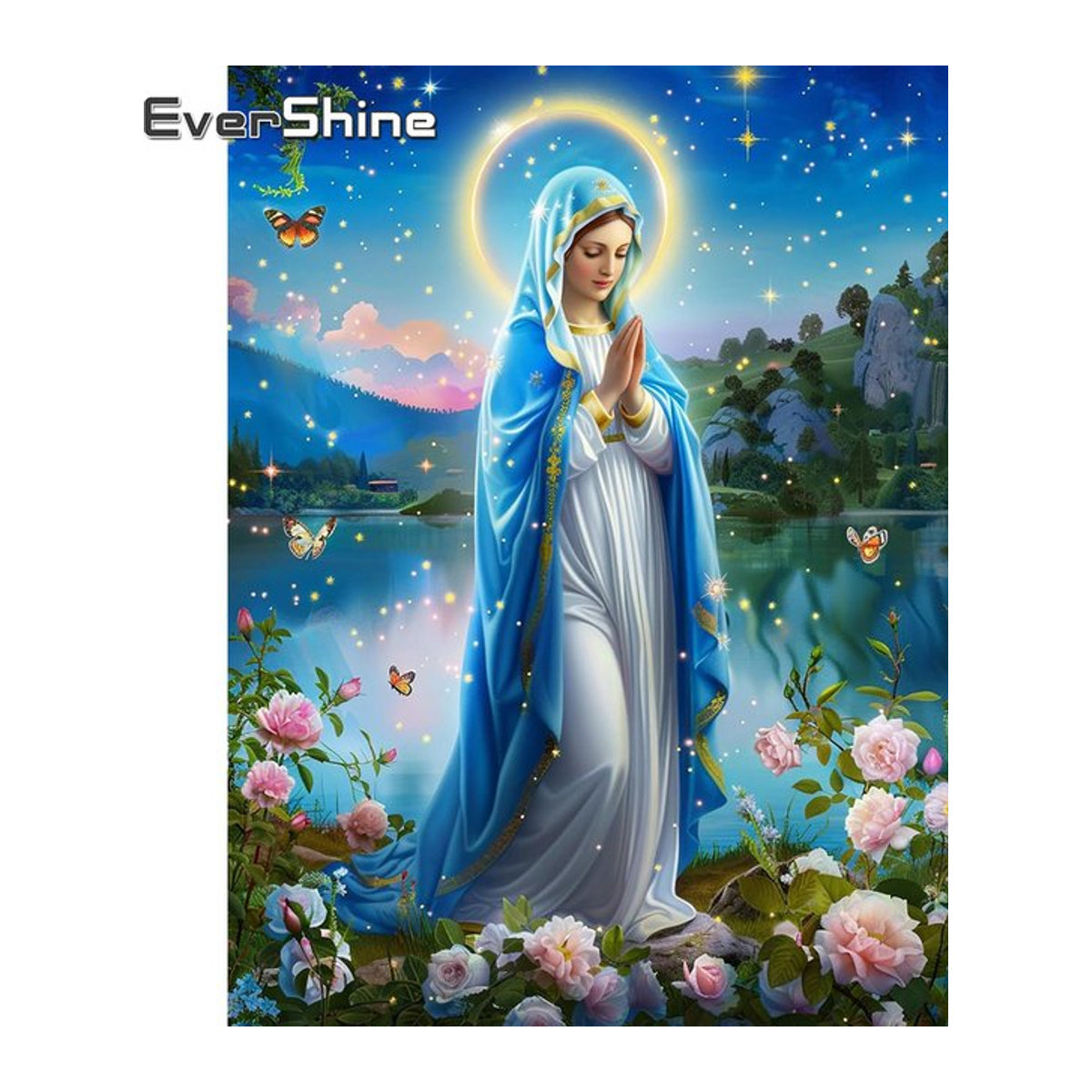 EverShine 5D Diamant-Mosaik Religiöses Bild Jungfrau Maria mit Rosen als Strass-Stickerei Wanddekoration, mehrfarbig, B/T/H: 30 x 20 x 20 cm - Bild 1