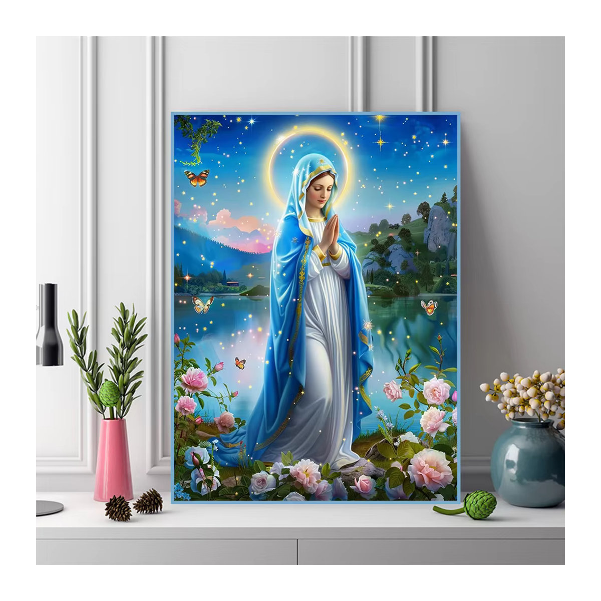 EverShine 5D Diamant-Mosaik Religiöses Bild Jungfrau Maria mit Rosen als Strass-Stickerei Wanddekoration, mehrfarbig, B/T/H: 30 x 20 x 20 cm - Bild 3