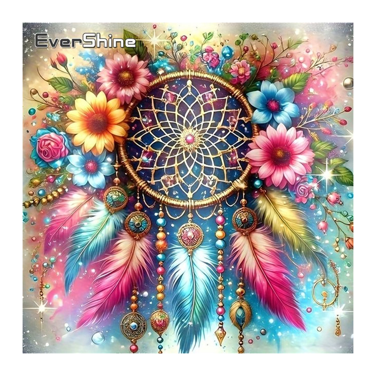 EverShine 5D Diamant-Stickerei Gänseblümchen Traumfänger Wandkunst als mehrfarbiges Strass-Mosaik im Bohemian-Stil - Bild 1
