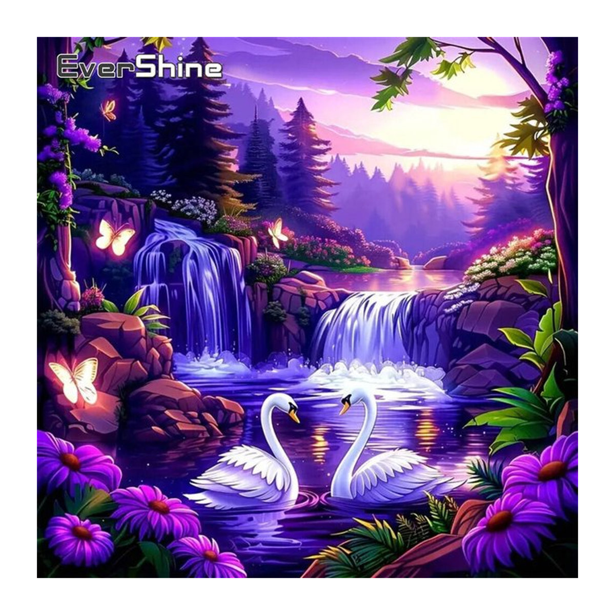 Evershine 5D-Diamantgemälde Schwan und Wasserfall als Diamant-Mosaik zum Selbermachen in Mehrfarbig, Wandmontiert, Rund - Bild 1