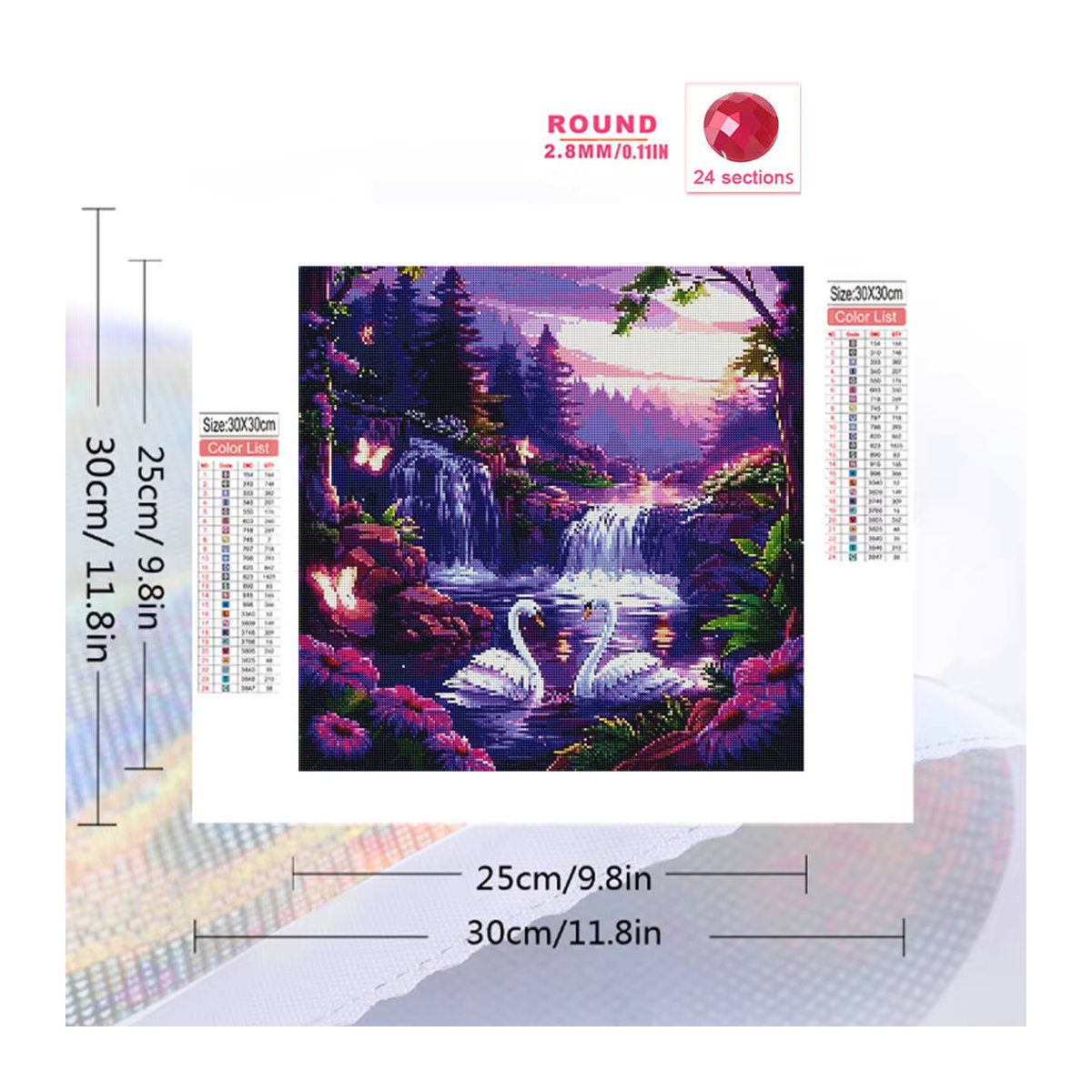 Evershine 5D-Diamantgemälde Schwan und Wasserfall als Diamant-Mosaik zum Selbermachen in Mehrfarbig, Wandmontiert, Rund - Bild 2