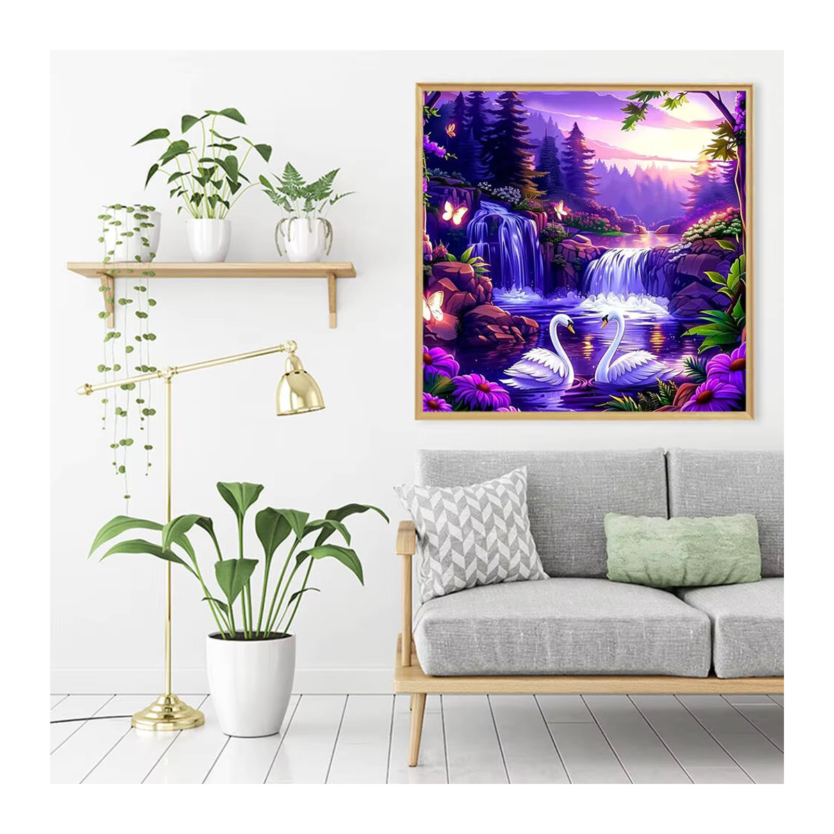Evershine 5D-Diamantgemälde Schwan und Wasserfall als Diamant-Mosaik zum Selbermachen in Mehrfarbig, Wandmontiert, Rund - Bild 3