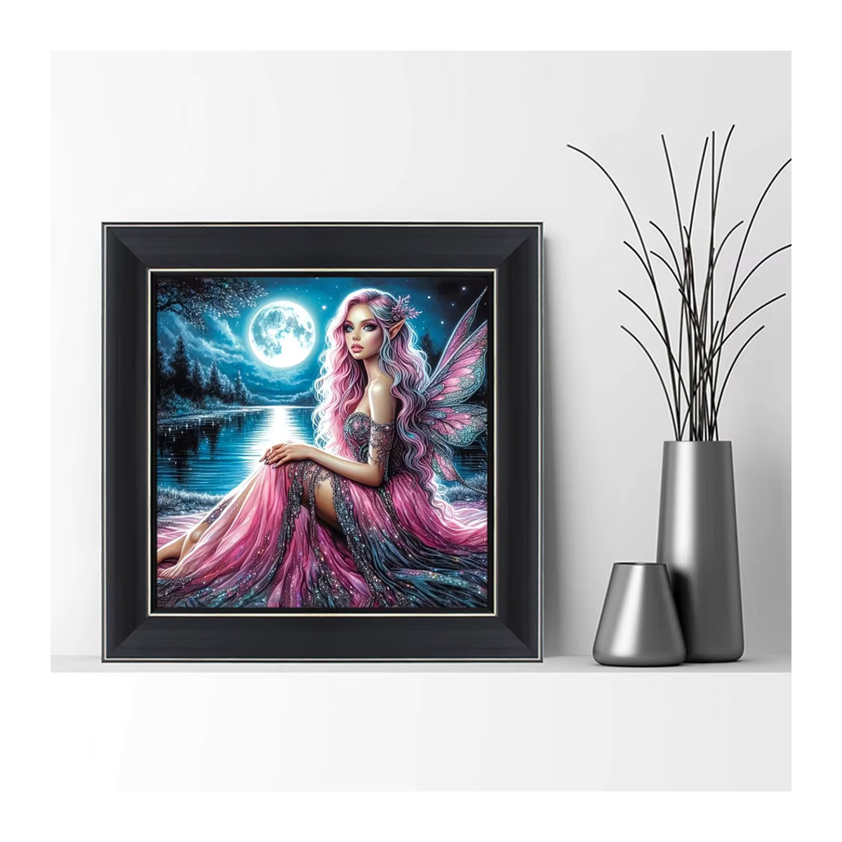 EverShine 5D Diamantmalerei DIY Porträt mit Flügeln und Mond, Mosaik Stickerei Set in Mehrfarbig, Rund, Wandmontiert - Bild 3