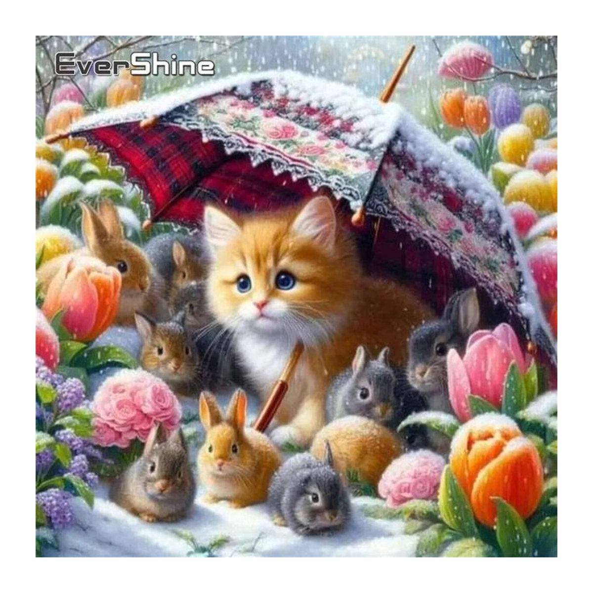 Evershine 5D Diamantmalerei Katze und Kaninchen als rundes Mosaik-Stickerei-Set in Mehrfarbig - Bild 1