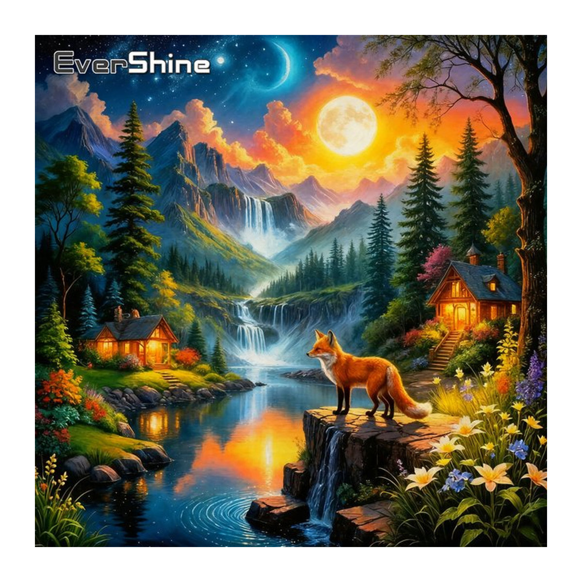 Evershine 5D DIY Diamant Malerei Berg Landschaft mit Wasserfall Fuchs und Wald als Kreuzstich Stickerei Mosaik in Mehrfarbig - Bild 1