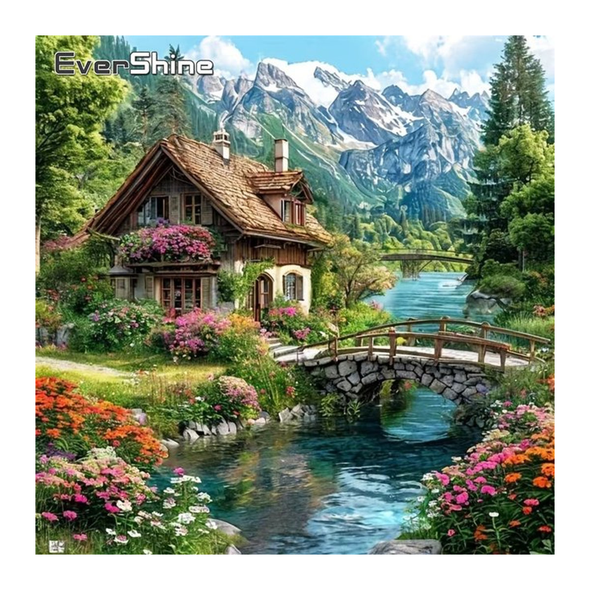 EverShine 5D DIY Diamantmalerei Landhaus-Landschaft mit Fluss als Mosaik-Bastelset in Mehrfarbig mit Runddiamanten - Bild 1
