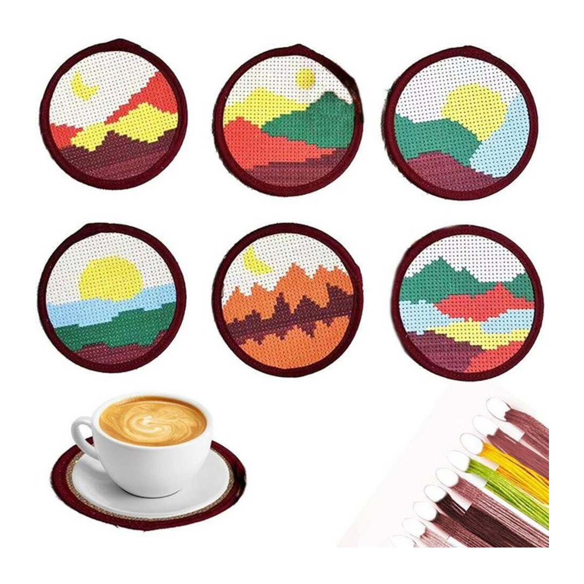 EverShine 6er Set DIY Kreuzstich Untersetzer mit Landschafts-Sonnenuntergang Muster, 11CT bedruckte Stickerei-Leinwand, rund, mehrfarbig - Bild 1