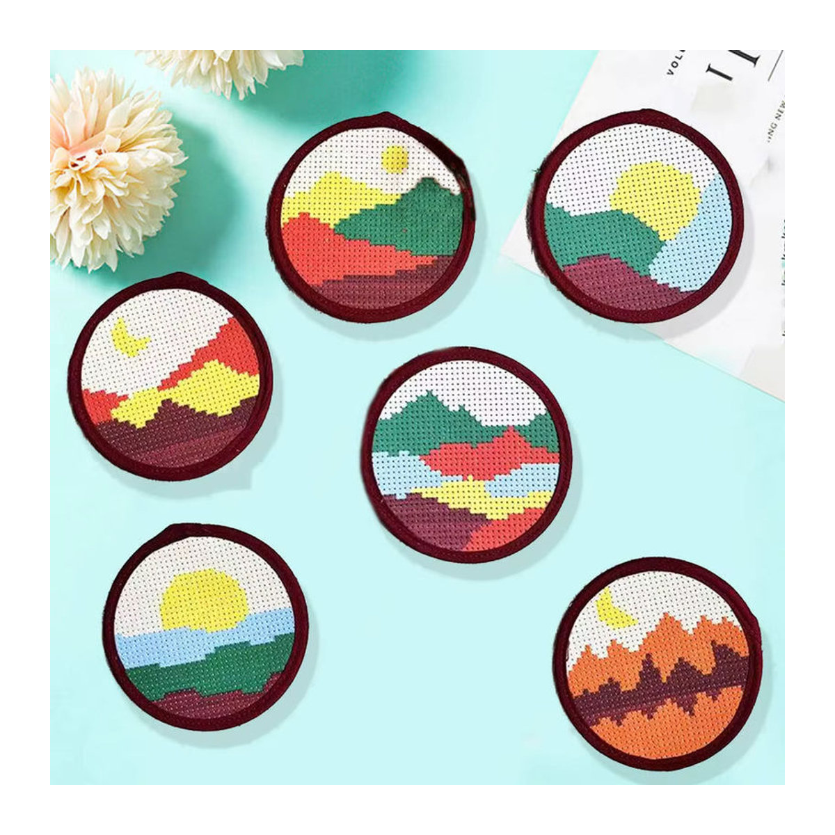EverShine 6er Set DIY Kreuzstich Untersetzer mit Landschafts-Sonnenuntergang Muster, 11CT bedruckte Stickerei-Leinwand, rund, mehrfarbig - Bild 3