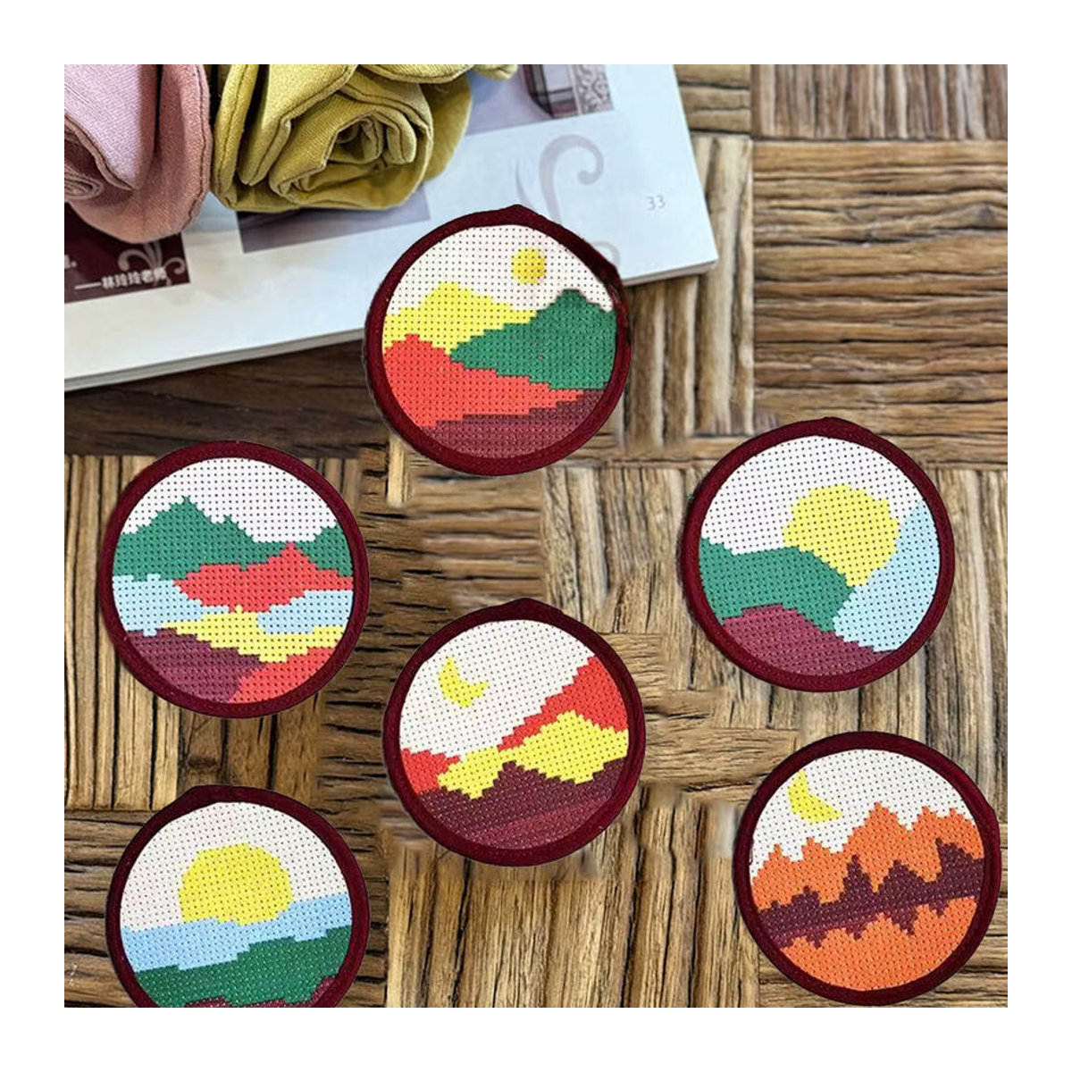 EverShine 6er Set DIY Kreuzstich Untersetzer mit Landschafts-Sonnenuntergang Muster, 11CT bedruckte Stickerei-Leinwand, rund, mehrfarbig - Bild 4