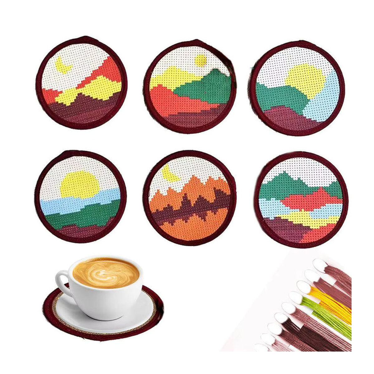 EverShine 6er Set DIY Kreuzstich Untersetzer mit Landschafts-Sonnenuntergang Muster, 11CT bedruckte Stickerei-Leinwand, rund, mehrfarbig - Bild 7