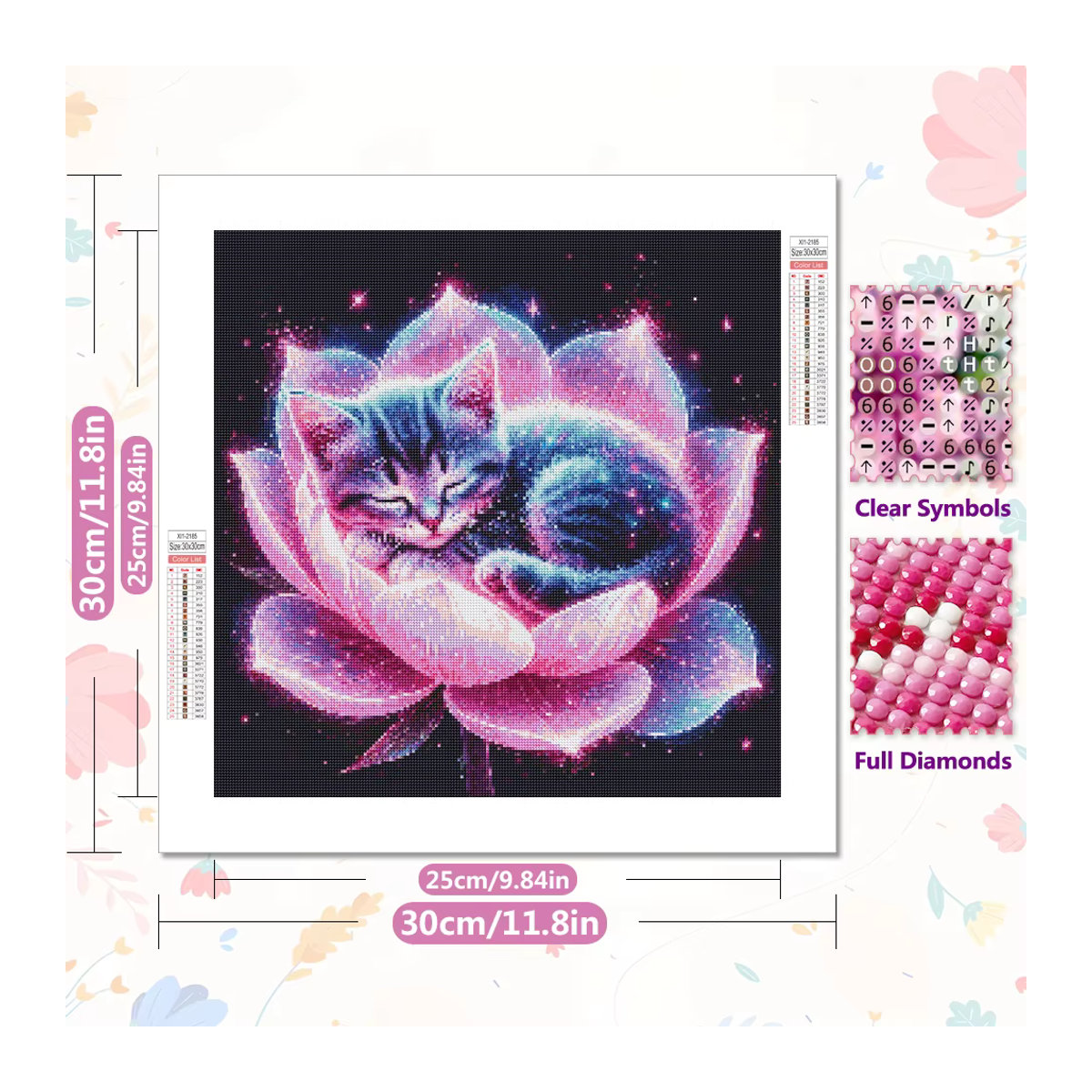 EverShine Diamant-Malerei Kätzchen mit Lotusblüten DIY 5D Mosaik Set mit quadratischen Steinen in Mehrfarbig zur Wandmontage - Bild 2