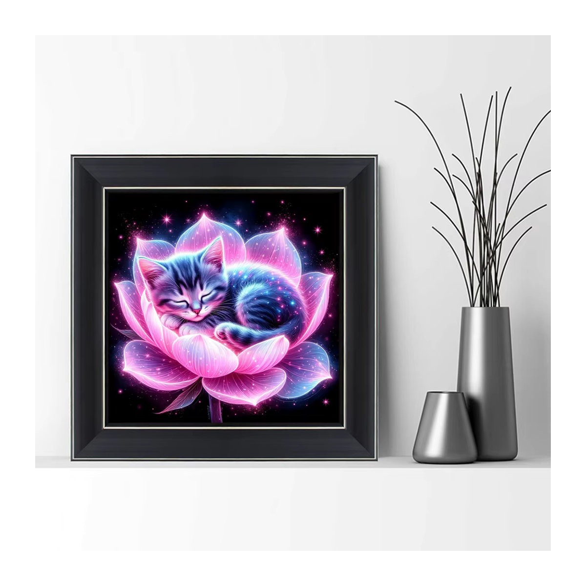 EverShine Diamant-Malerei Kätzchen mit Lotusblüten DIY 5D Mosaik Set mit quadratischen Steinen in Mehrfarbig zur Wandmontage - Bild 3