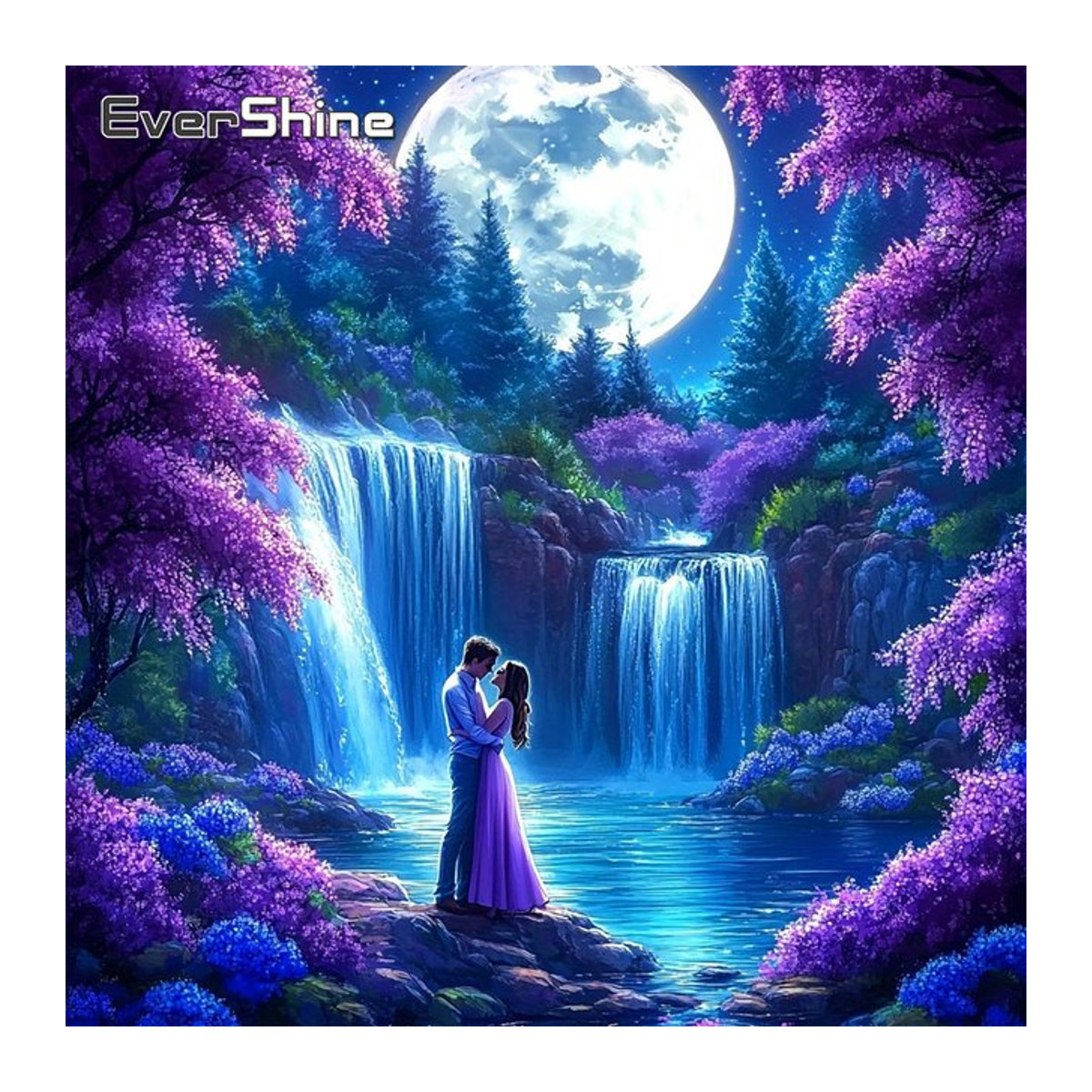 EverShine Diamant-Malerei Wasserfall-Landschaftsbild mit Strass-Mosaik und Paar unter dem Mond, mehrfarbig, runde Steine - Bild 1