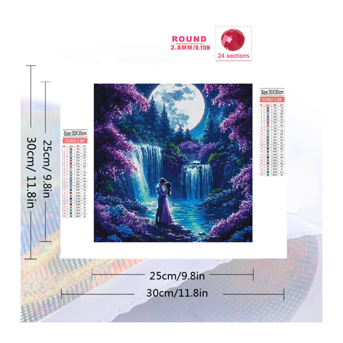 EverShine Diamant-Malerei Wasserfall-Landschaftsbild mit Strass-Mosaik und Paar unter dem Mond, mehrfarbig, runde Steine - Bild 2