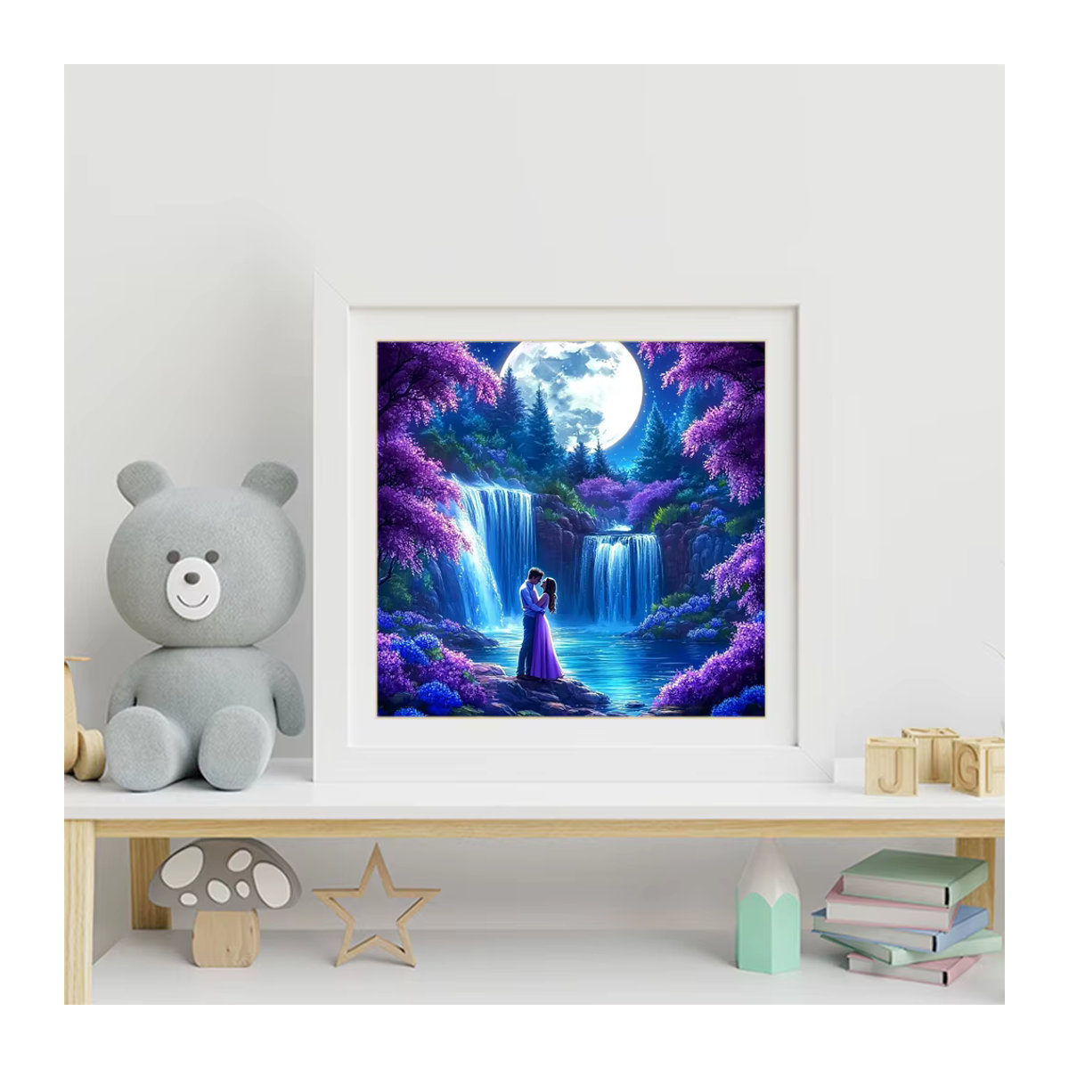 EverShine Diamant-Malerei Wasserfall-Landschaftsbild mit Strass-Mosaik und Paar unter dem Mond, mehrfarbig, runde Steine - Bild 3