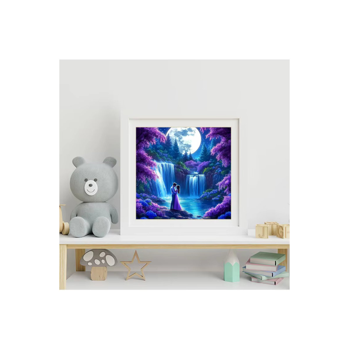 EverShine Diamant-Malerei Wasserfall-Landschaftsbild mit Strass-Mosaik und Paar unter dem Mond, mehrfarbig, runde Steine - Bild 4