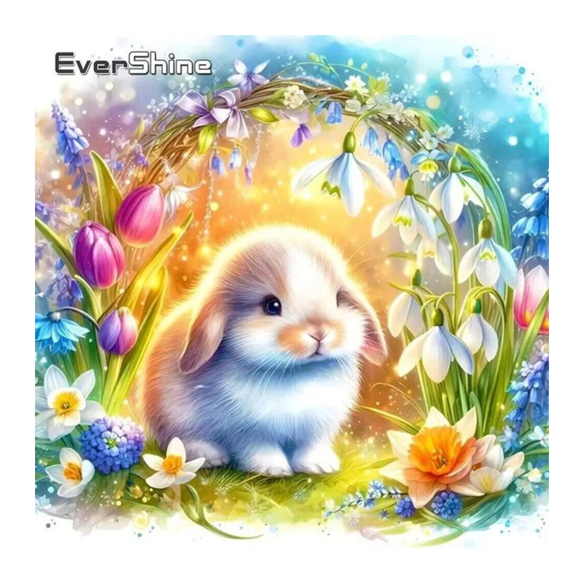 Evershine Diamant Mosaik DIY Set Kaninchen Cartoon mit Blumenmuster, runde Stickerei für Kinder, mehrfarbig - Bild 1