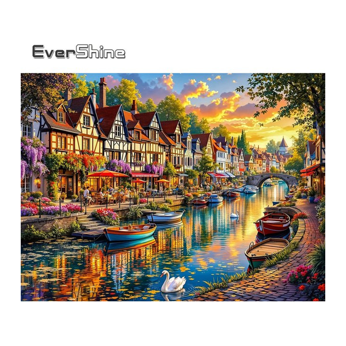EverShine Diamant-Mosaik-Stickerei Landschaft mit Haus und Boot, mehrfarbig, Wanddekoration - Bild 1