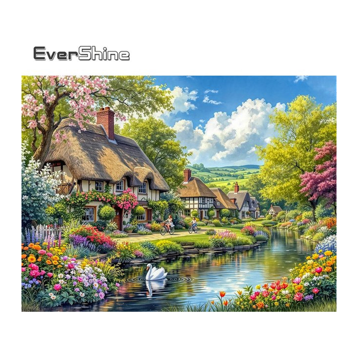 EverShine Diamant-Stickerei Haus und Garten als Mosaik-Landschaft mit Blumen und Bäumen, mehrfarbig, Wandmontage, B/H: 30 x 20 cm - Bild 1