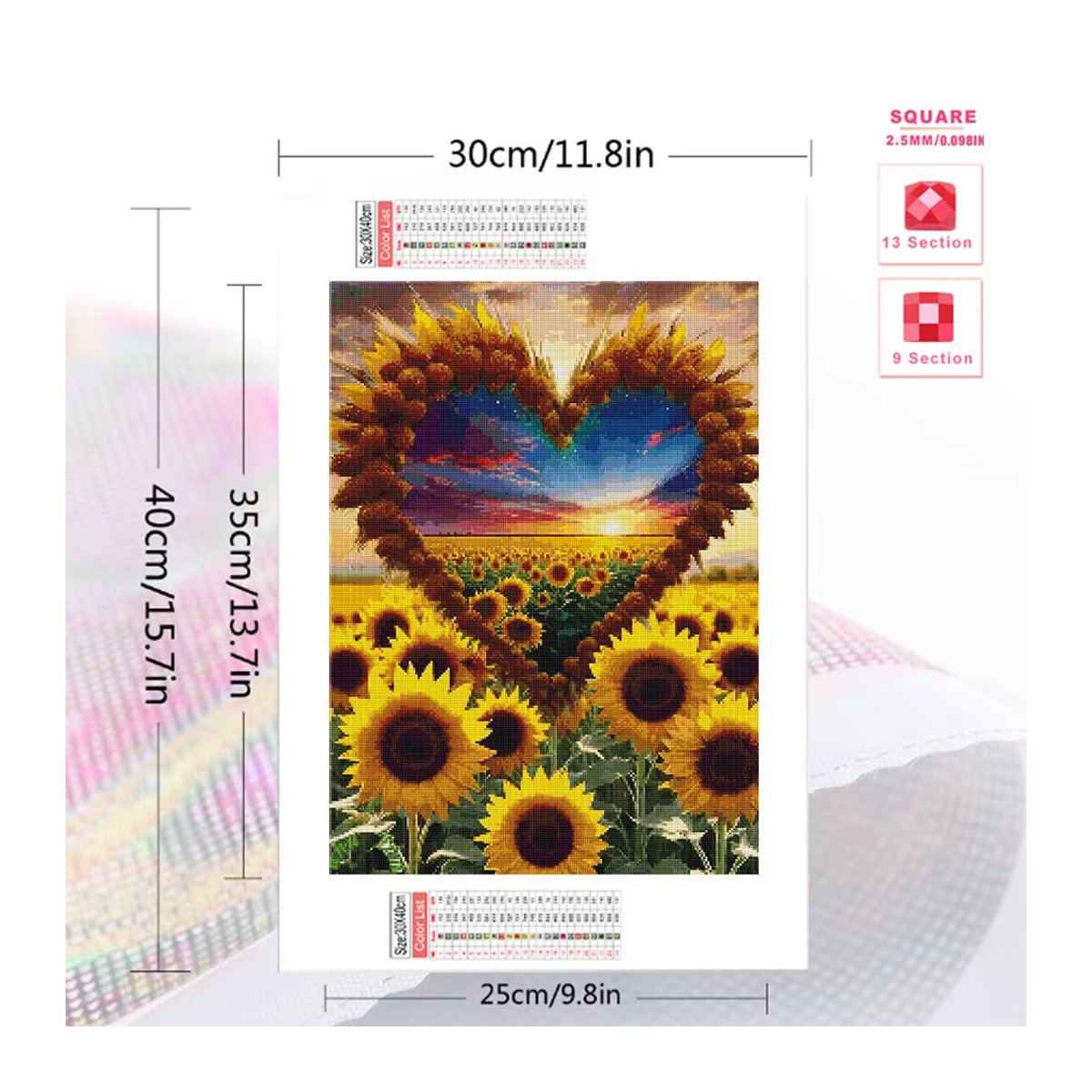 Evershine Diamant Stickerei Wanddeko mit Herz und Sonnenblumen Motiv, Rund, Gelb - Bild 2