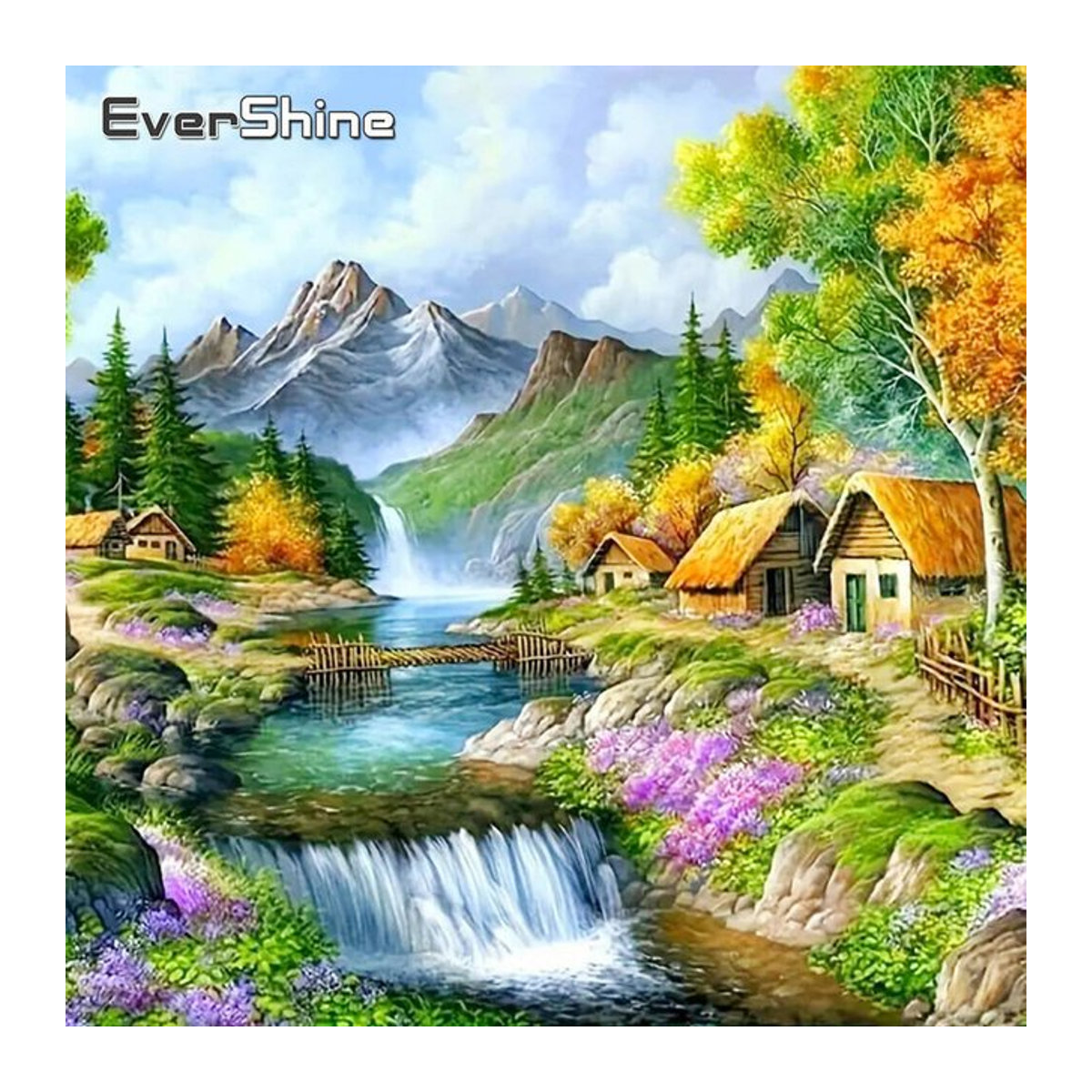 Evershine Diamantgemälde Berglandschaft mit Haus und Fluss als rundes Mosaik in Mehrfarbig zur Wandmontage - Bild 1