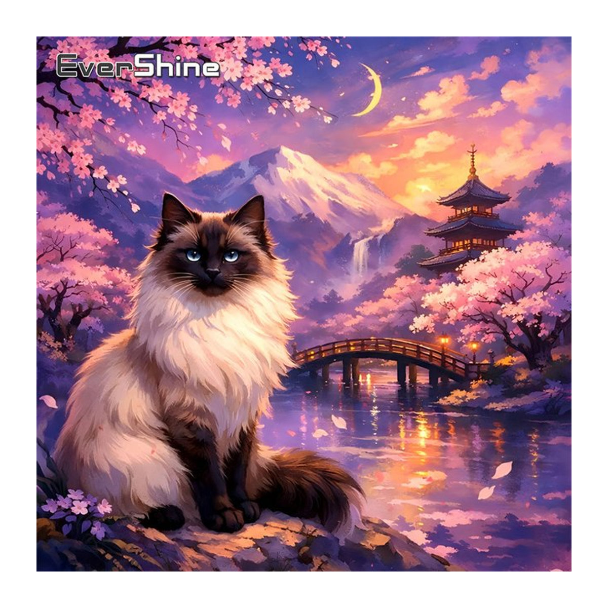 EverShine Diamantmalerei Berglandschaft mit Kirschblüten und Katze, mehrfarbiges Mosaik-Bild mit runden Steinen für dein Hobby - Bild 1