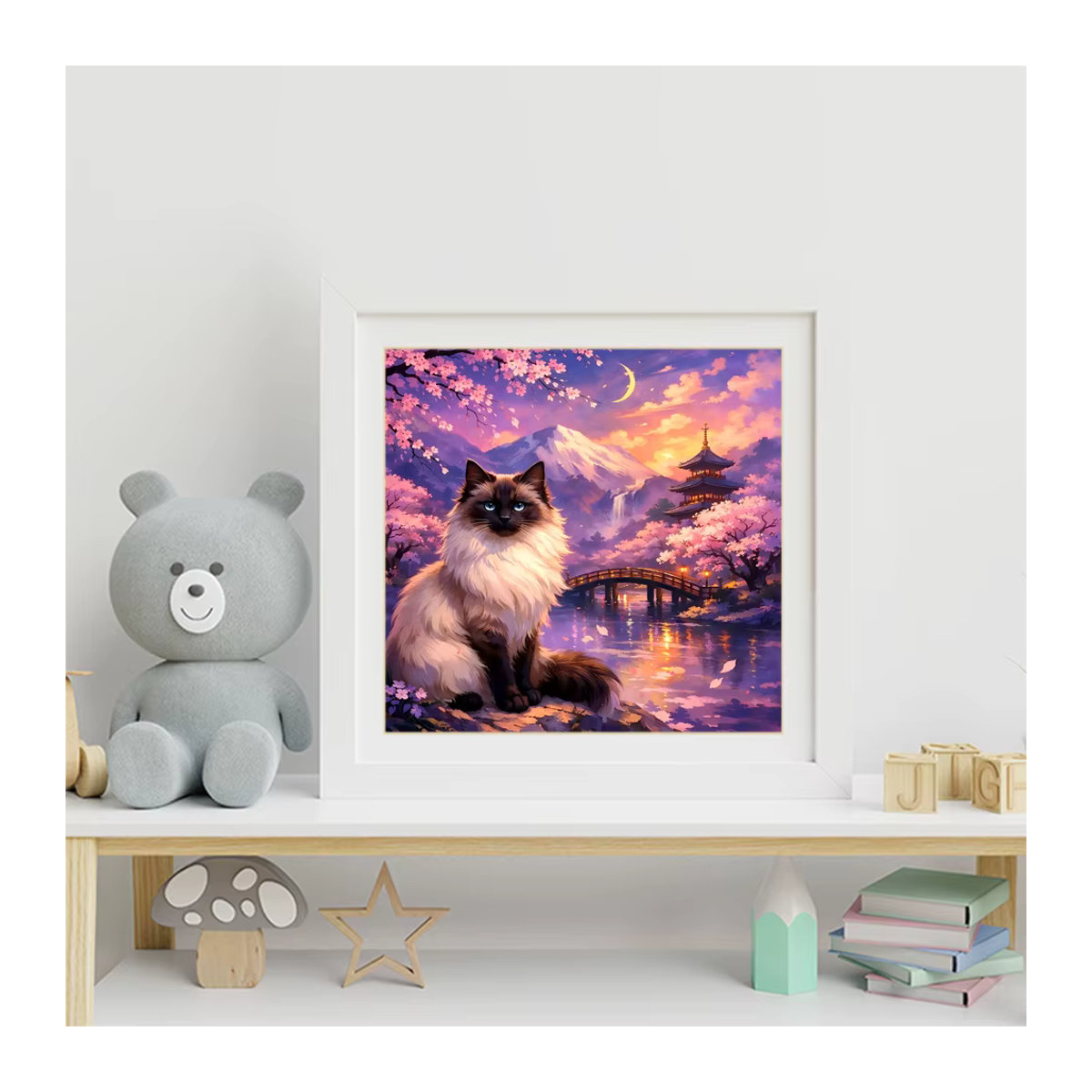 EverShine Diamantmalerei Berglandschaft mit Kirschblüten und Katze, mehrfarbiges Mosaik-Bild mit runden Steinen für dein Hobby - Bild 3
