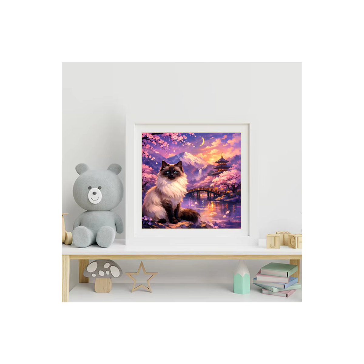 EverShine Diamantmalerei Berglandschaft mit Kirschblüten und Katze, mehrfarbiges Mosaik-Bild mit runden Steinen für dein Hobby - Bild 4