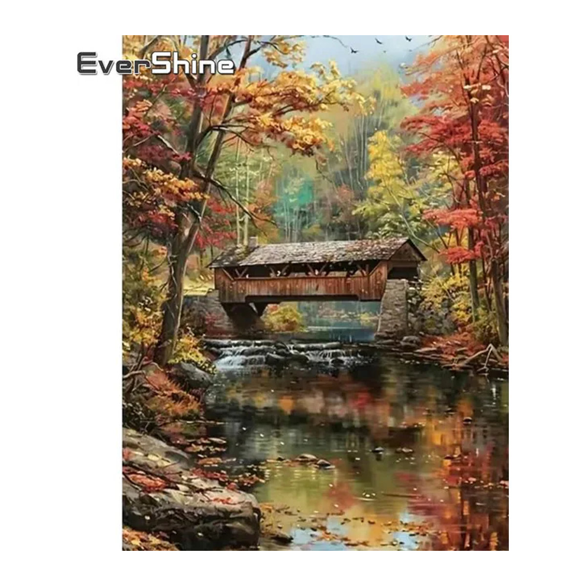 Evershine Diamantmalerei Brücke und Haus DIY Stickerei mit rundem Diamantmosaik in Herbst-Landschaft und Landhaus-Stil, mehrfarbig - Bild 1