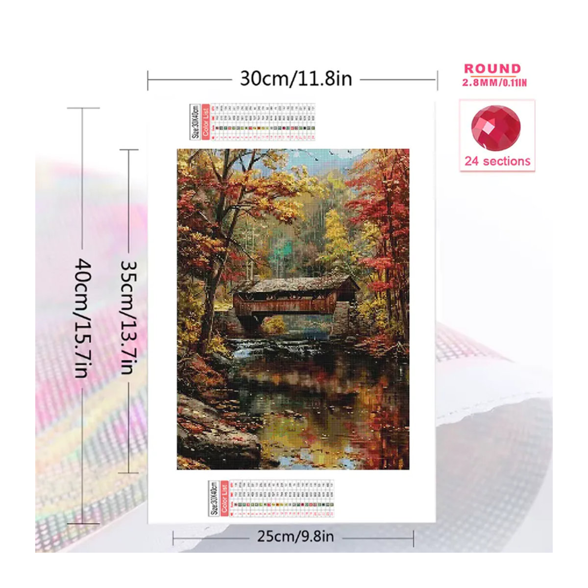 Evershine Diamantmalerei Brücke und Haus DIY Stickerei mit rundem Diamantmosaik in Herbst-Landschaft und Landhaus-Stil, mehrfarbig - Bild 2