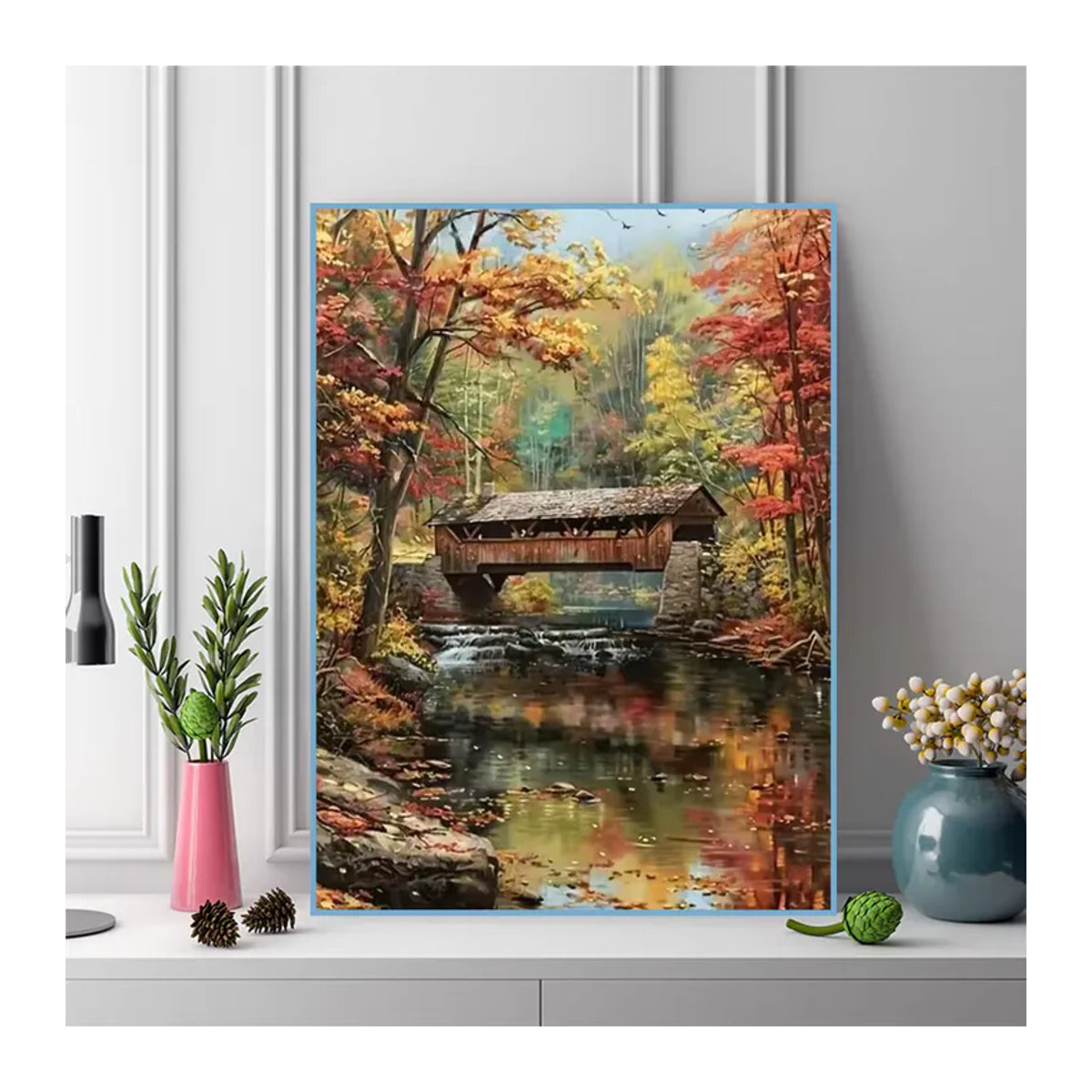 Evershine Diamantmalerei Brücke und Haus DIY Stickerei mit rundem Diamantmosaik in Herbst-Landschaft und Landhaus-Stil, mehrfarbig - Bild 3