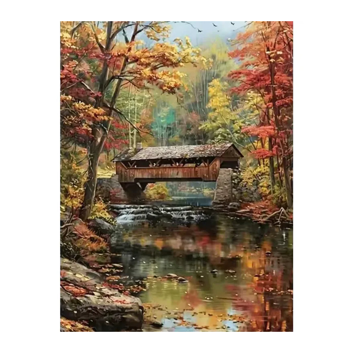 Evershine Diamantmalerei Brücke und Haus DIY Stickerei mit rundem Diamantmosaik in Herbst-Landschaft und Landhaus-Stil, mehrfarbig - Bild 4