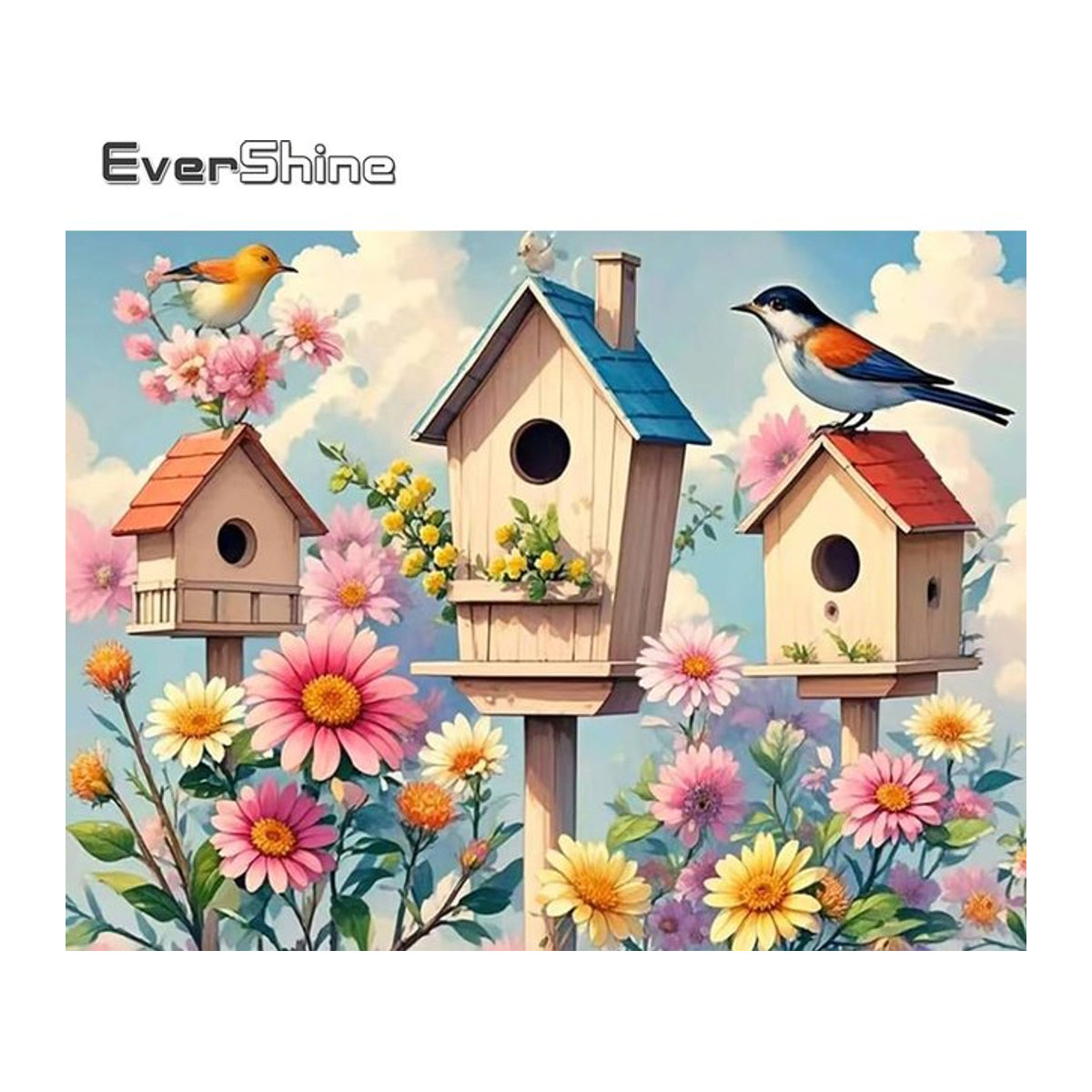 Evershine Diamantmalerei DIY Set mit Haus, Vogel und Blumen-Landschaft in Mehrfarbig, Wandmontiertes Mosaik-Bastelset aus Kunstharz - Bild 1