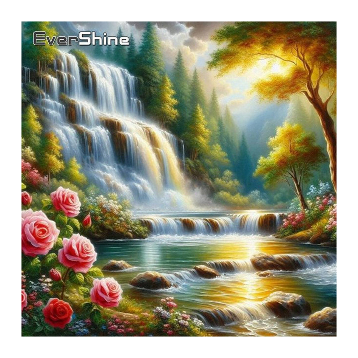 Evershine Diamantmalerei DIY Set Sonnenuntergang Landschaft mit Wasserfall und Mosaik Dekoration, rund, mehrfarbig - Bild 1